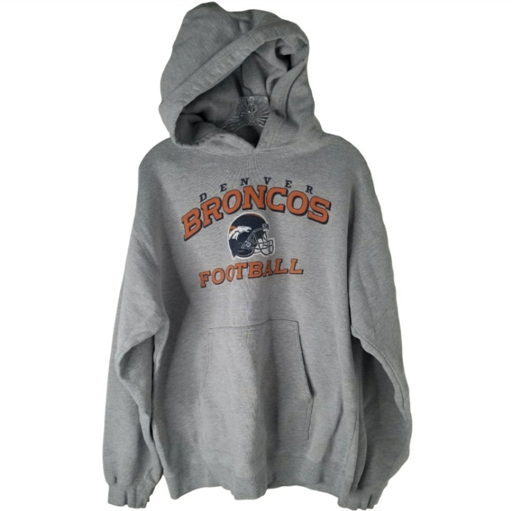 Denver Broncos Reebok Grey Long Sleeve Graphic Pullover Hoodie Size Medium